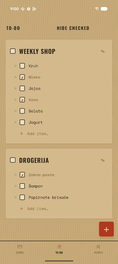 A shopping list in two sections, with several items ticked off and struck through.
