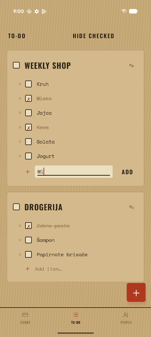 Adding an item to a shopping list, with the text field open and an Add button beside it.