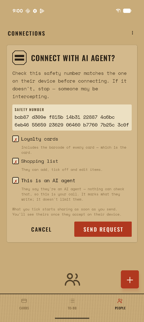 The app asking whether to connect with an AI agent, showing a safety number to compare and tick boxes for the loyalty cards and the shopping list.